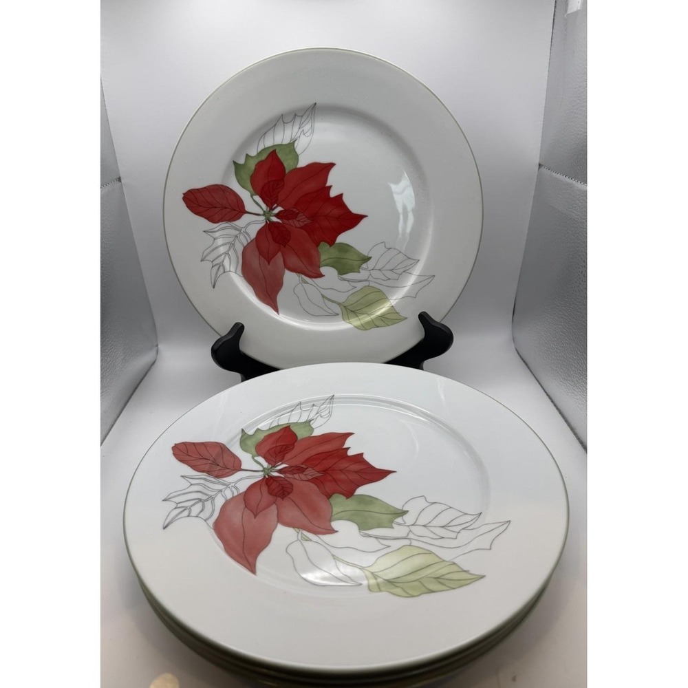 4 Set - Block Spal Poinsettia Dinner Plates Watercolors Mary Lou Goertzen 10.25"